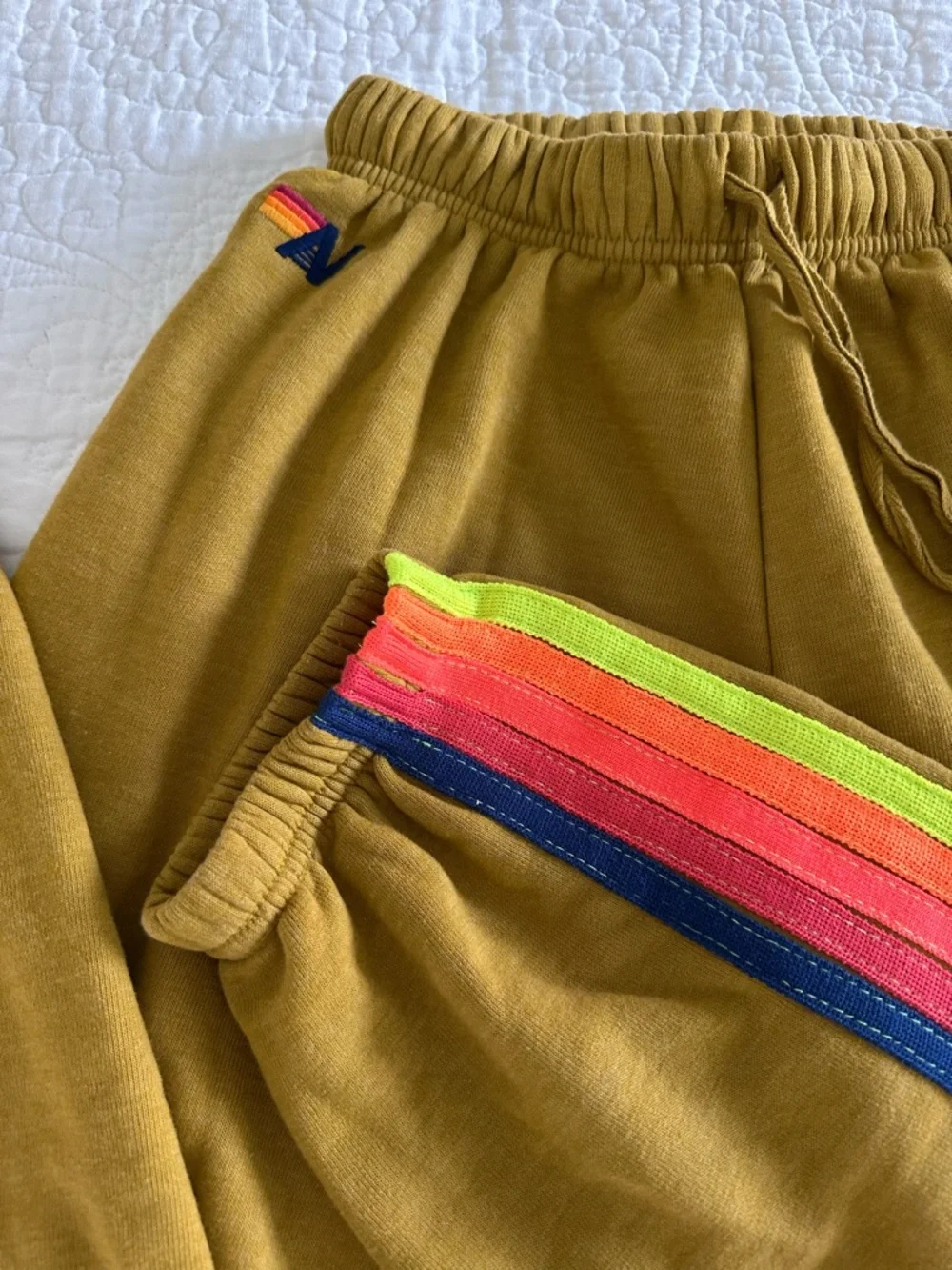 Aviator Nation Mustard Sweatpants with Neon Rainbow Side Stripes size Small S - Picture 1 of 3